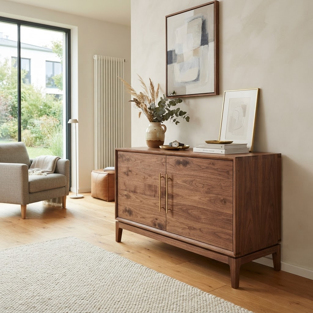 Handgefertigtes Sideboard aus Nussbaum mit sichtbarer Maserung in einem hellen Wohnraum